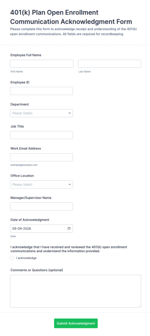 401(k) Plan Open Enrollment Communication Acknowledgment Form Template
