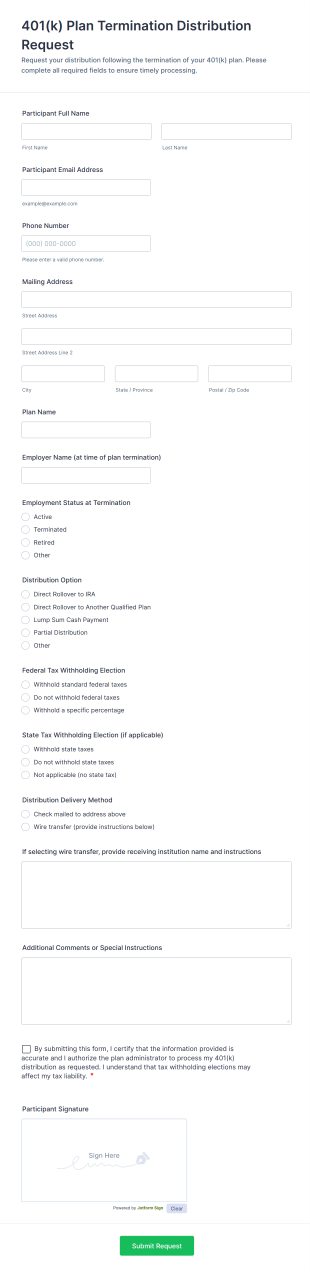 401(k) Plan Termination Distribution Request Form Template