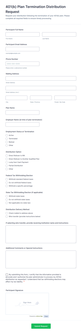 401(k) Plan Termination Distribution Request Form Template