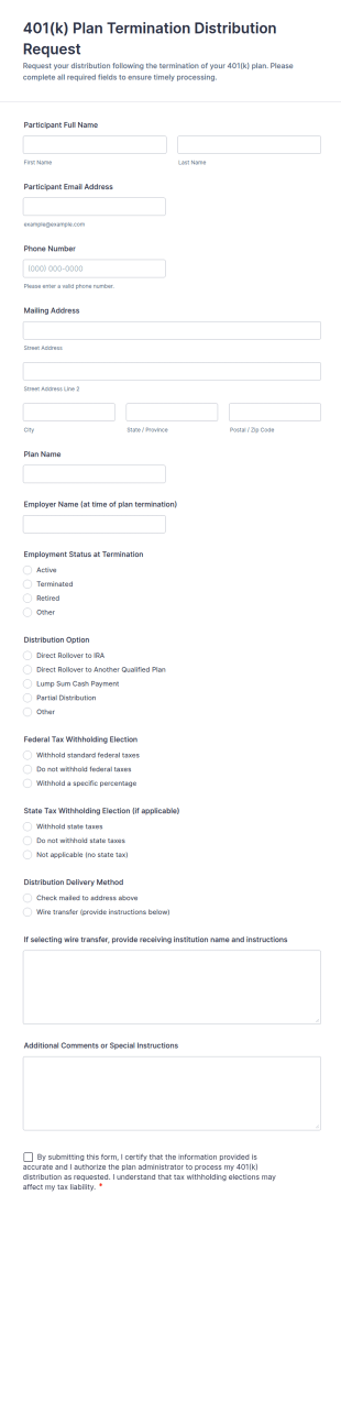 401(k) Plan Termination Distribution Request Form Template
