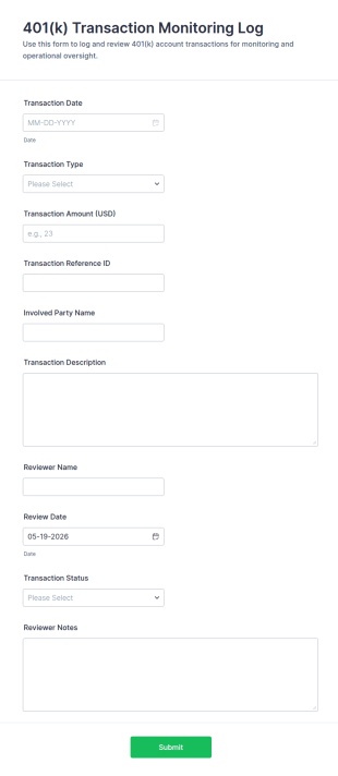 401(k) Transaction Monitoring Log Form Template