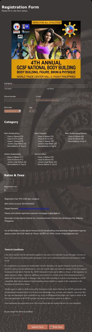 4th Annual Gcsf National Bodybuilding Registration Form2 Form Template