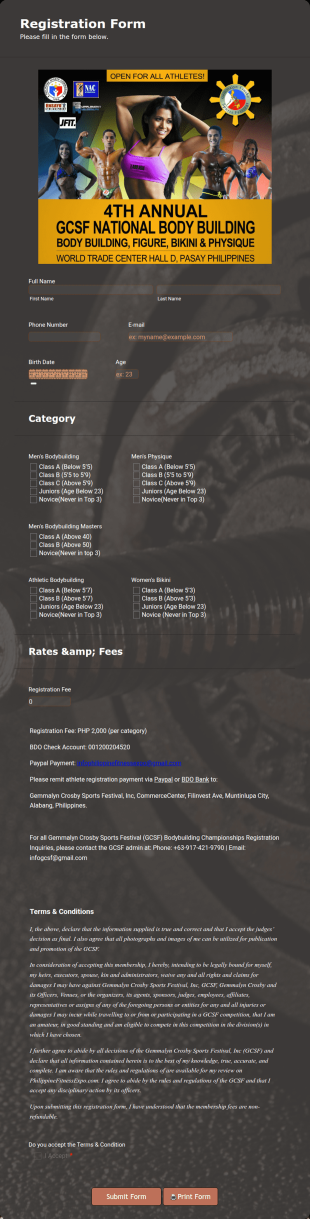 4th Annual Gcsf National Bodybuilding Registration Form2 Form Template