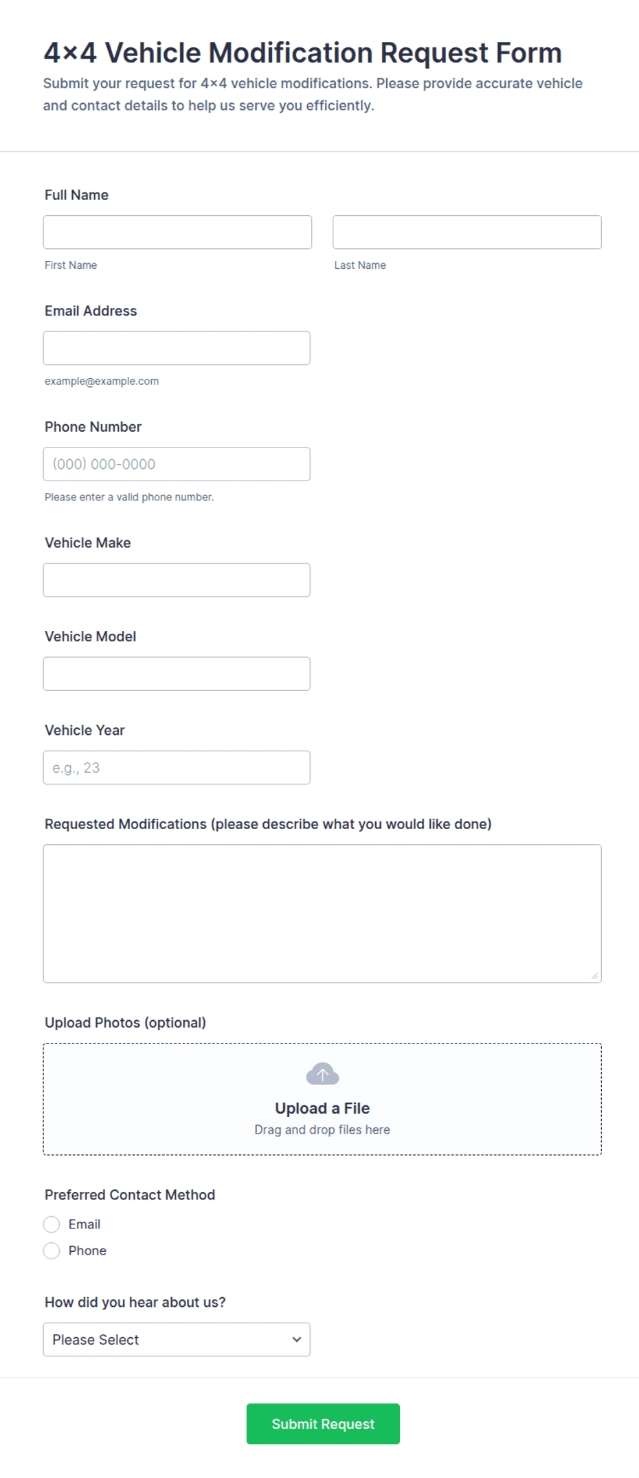 4x4 Vehicle Modification Request Form Template | Jotform
