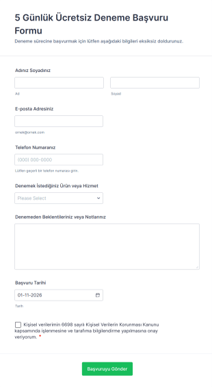 5 Günlük Ücretsiz Deneme Başvuru Form Template