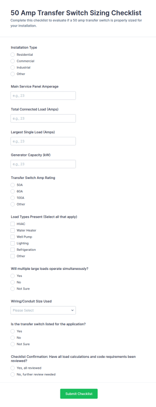 50 Amp Transfer Switch Sizing Checklist Form Template