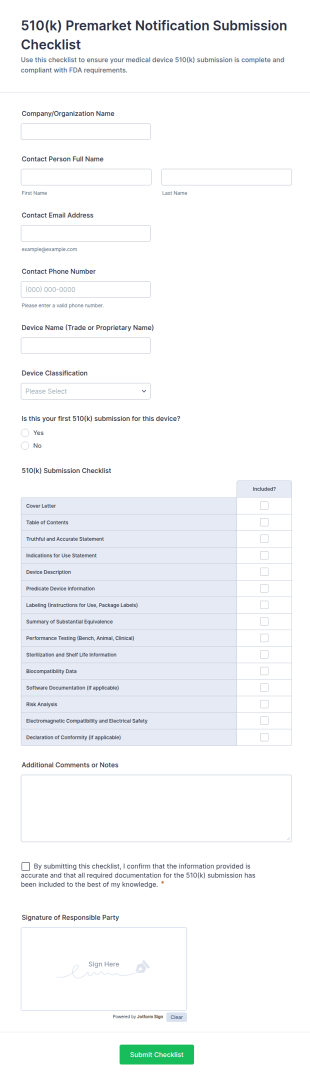 510(k) Premarket Notification Submission Checklist Form Template