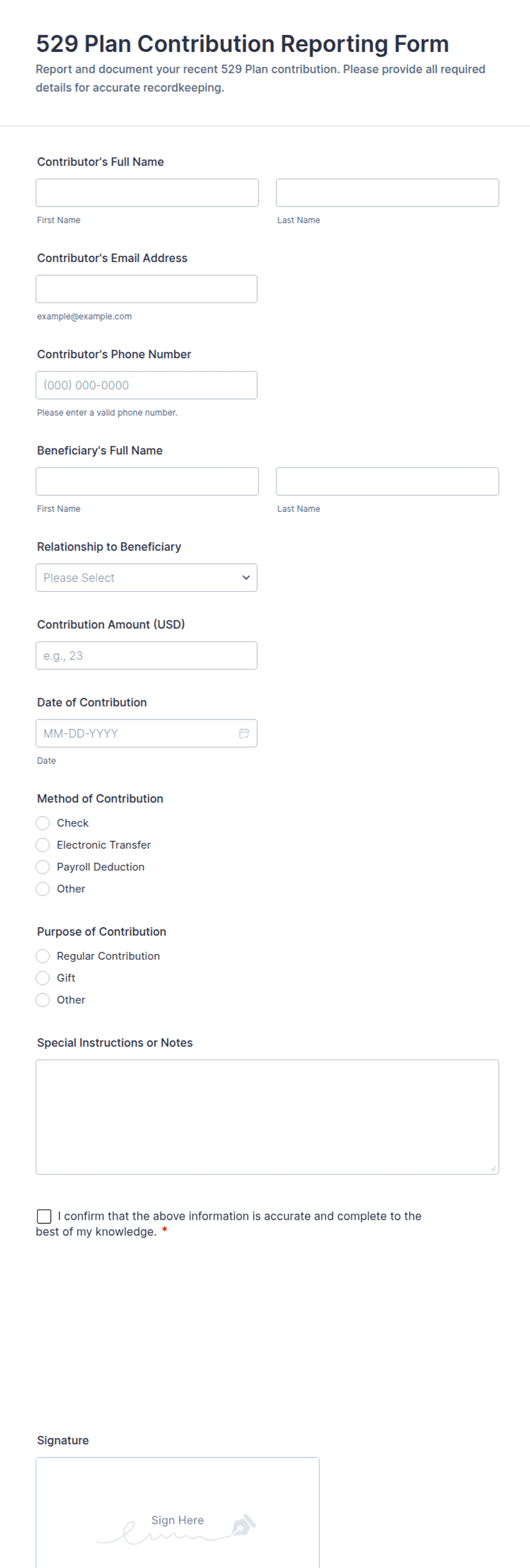 529 Plan Contribution Reporting Form Template | Jotform