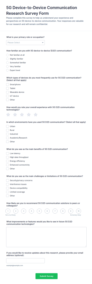 5G Device To Device Communication Research Survey Form Template