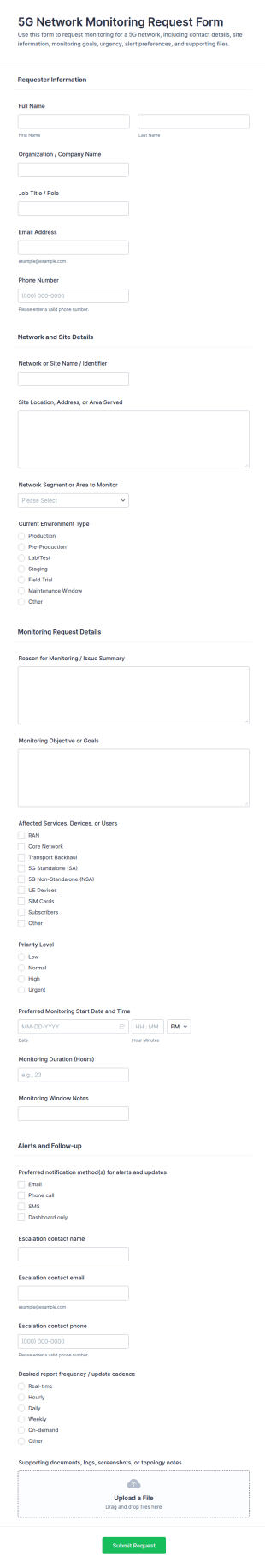 5G Network Monitoring Request Form Template