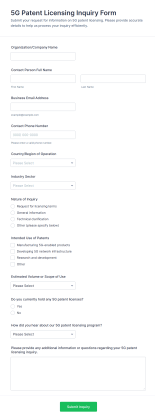 5G Patent Licensing Inquiry Form Template