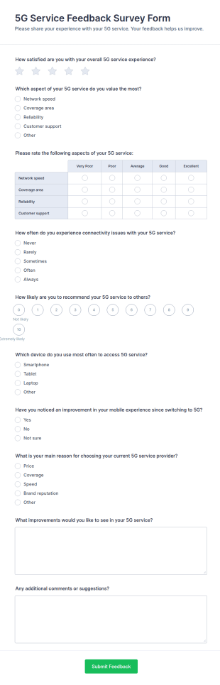 5G Service Feedback Survey Form Template
