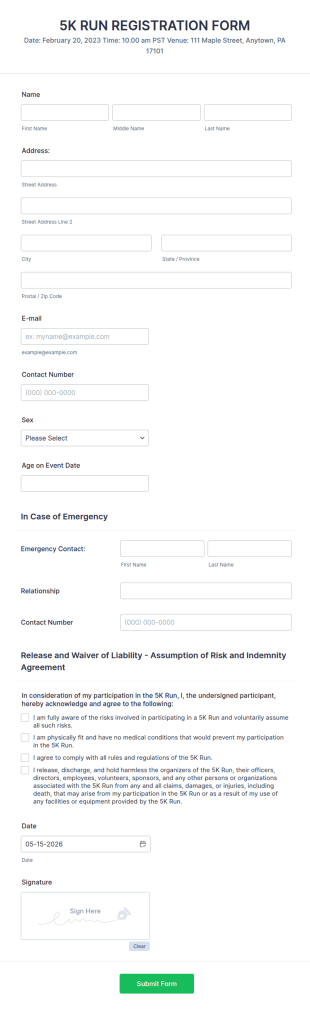 5K Run Registration Form Template