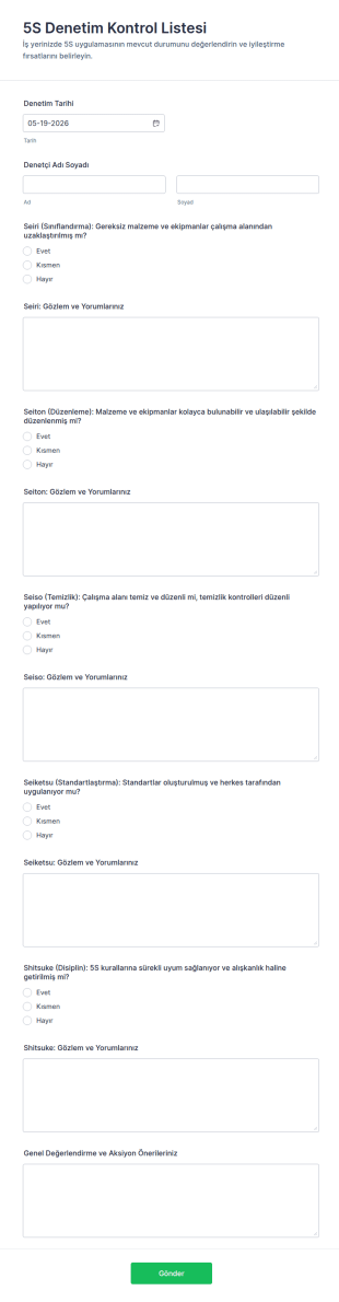 5S Denetim Puan Kartı Anketi Form Şablonu