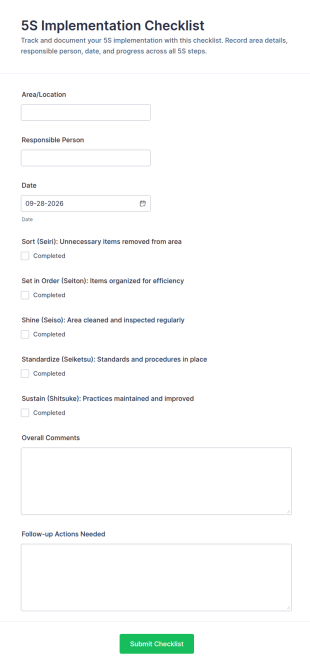 5S Implementation Checklist Form Template