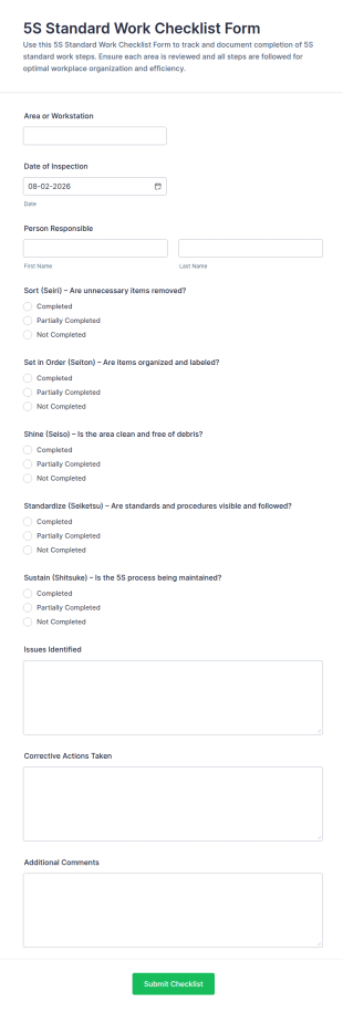 5S Standard Work Checklist Form Template