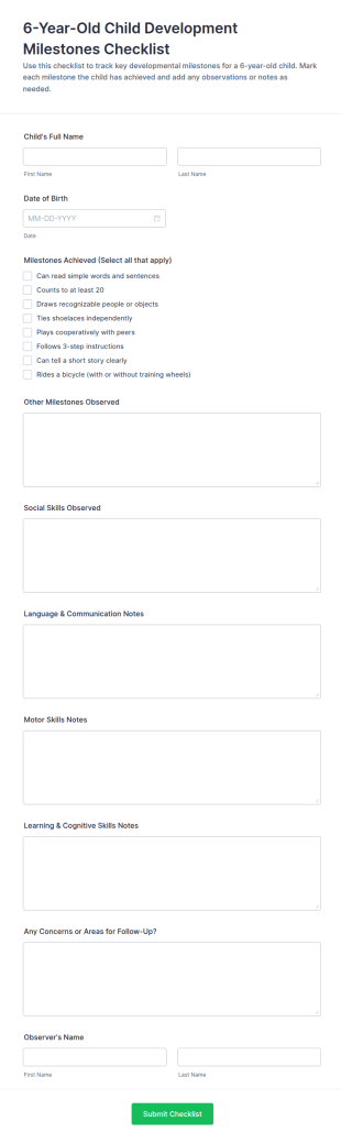 6 Year Old Child Development Milestones Checklist Form Template