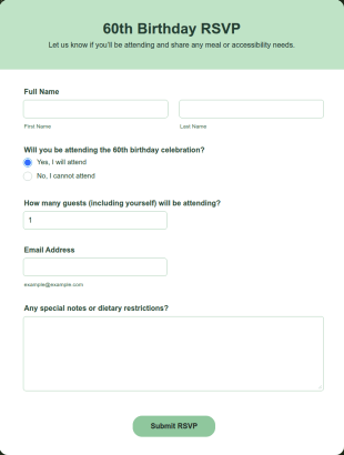 60th Birthday RSVP From Form Template