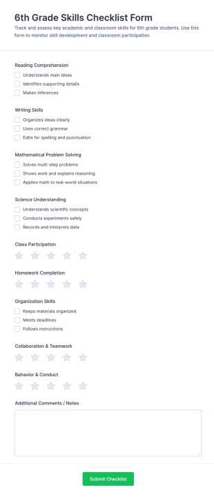 6th Grade Skills Checklist Form Template