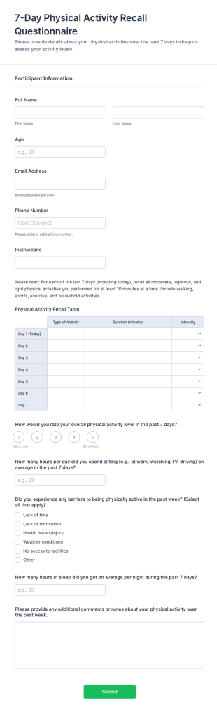 7 Day Physical Activity Recall Questionnaire Form Template