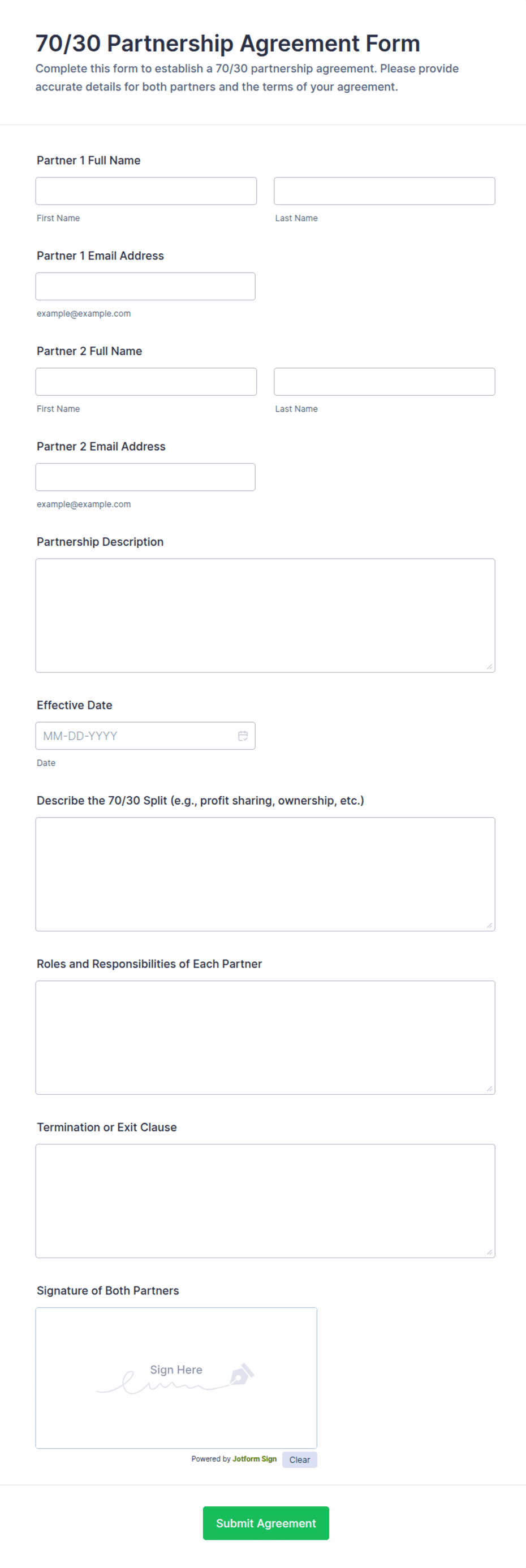 70/30 Partnership Agreement Form Template | Jotform