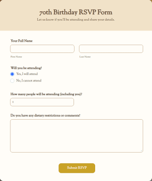 70th Birthday RSVP Form Template