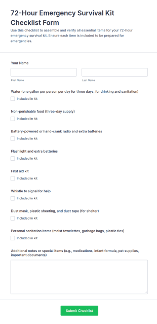 72 Hour Emergency Survival Kit Checklist Form Template