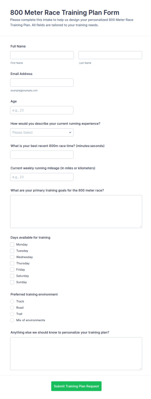 800 Meter Race Training Plan Form Template