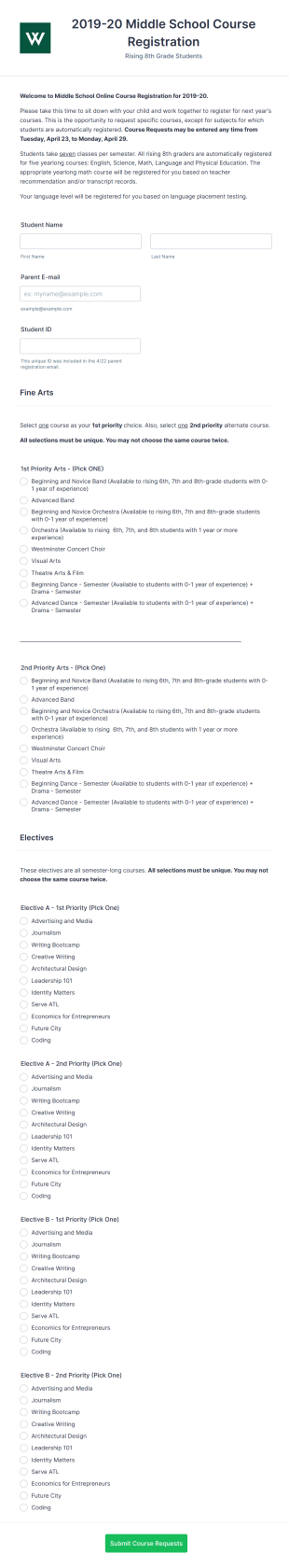 8th Grade Course Request Registration Form Template