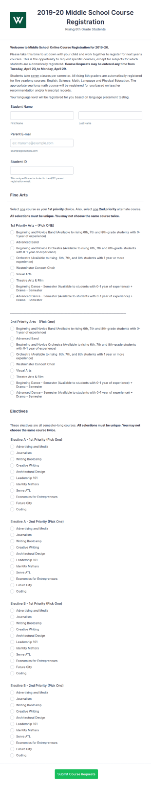 8th Grade Course Request Registration Form Template