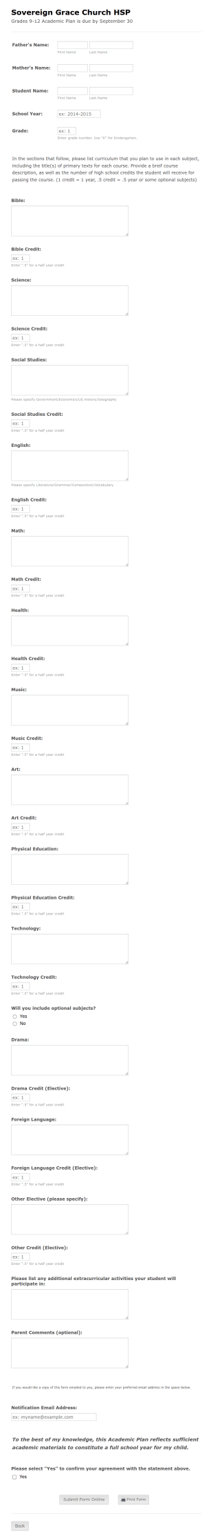 Academic Plan For Home School Grade 9 12 Form Template