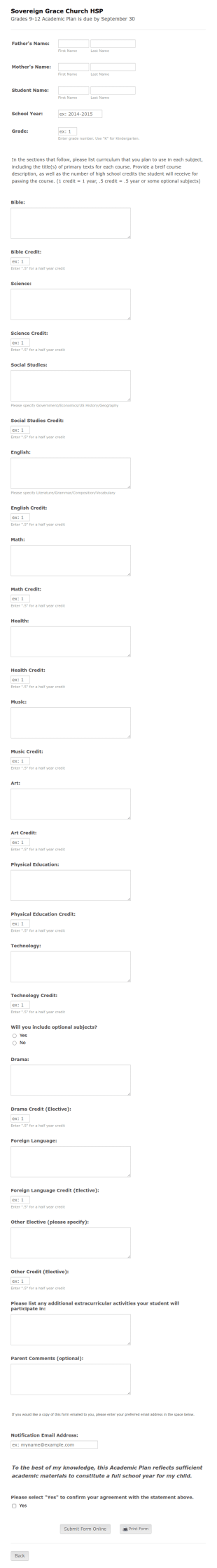 Academic Plan For Home School Grade 9 12 Form Template