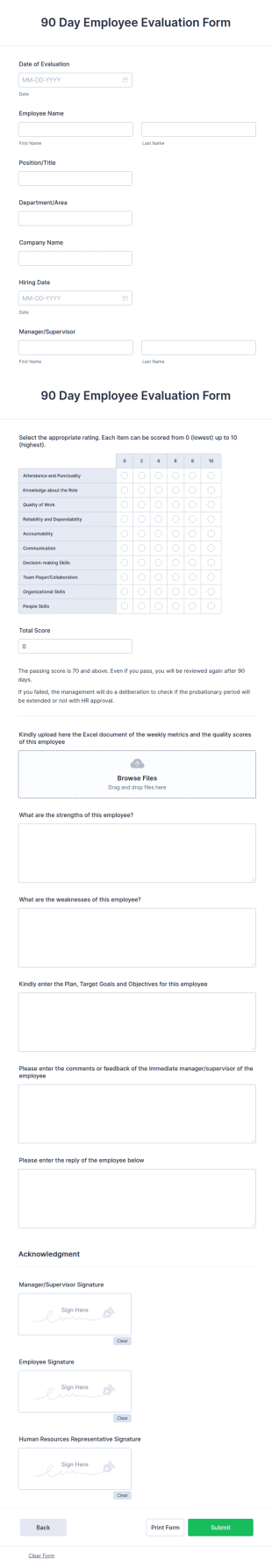 90 Day Employee Evaluation Form Template