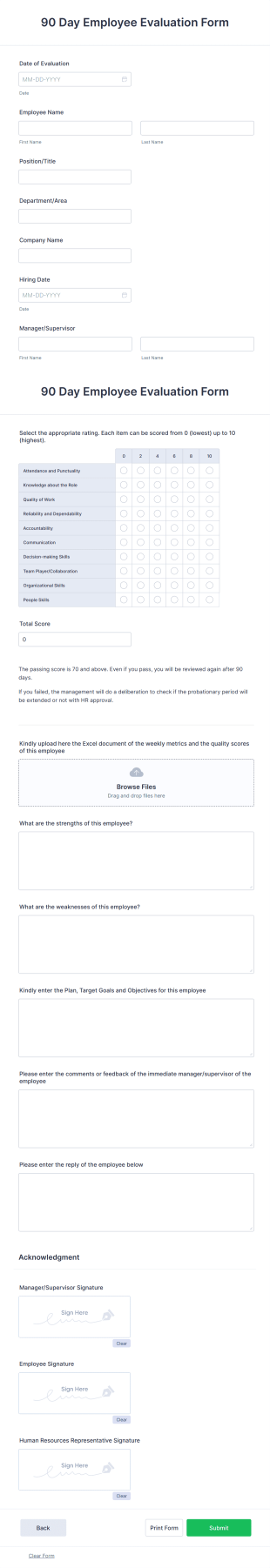 90 Day Employee Evaluation Form Template