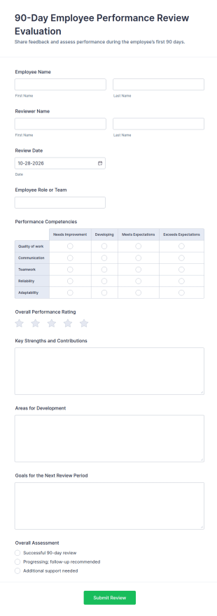90 Day Employee Performance Review Evaluation Form Template