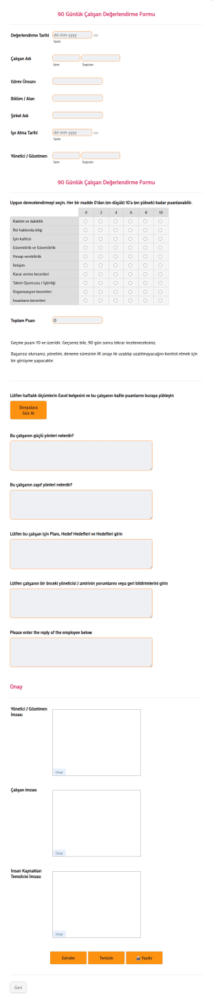 90 Günlük Çalışan Değerlendirme Form Şablonu