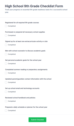 9th Grade High School Checklist Form Template