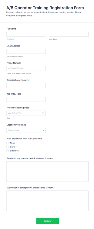 A/B Operator Training Registration Form Template