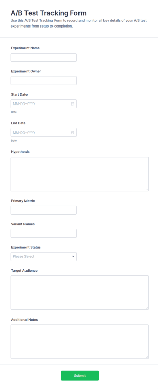 A/B Test Tracking Form Template