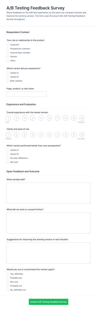 A/B Testing Feedback Survey Form Template