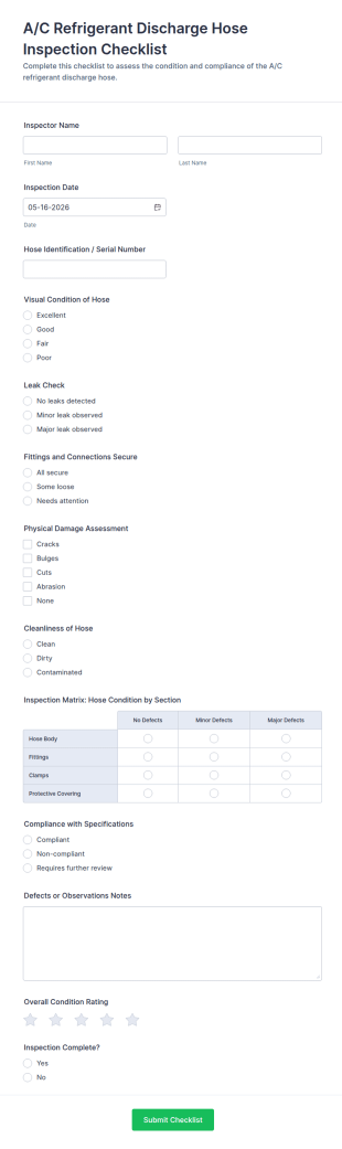 A/C Refrigerant Discharge Hose Inspection Checklist Form Template