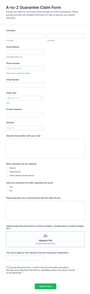 A To Z Guarantee Claim Form Template