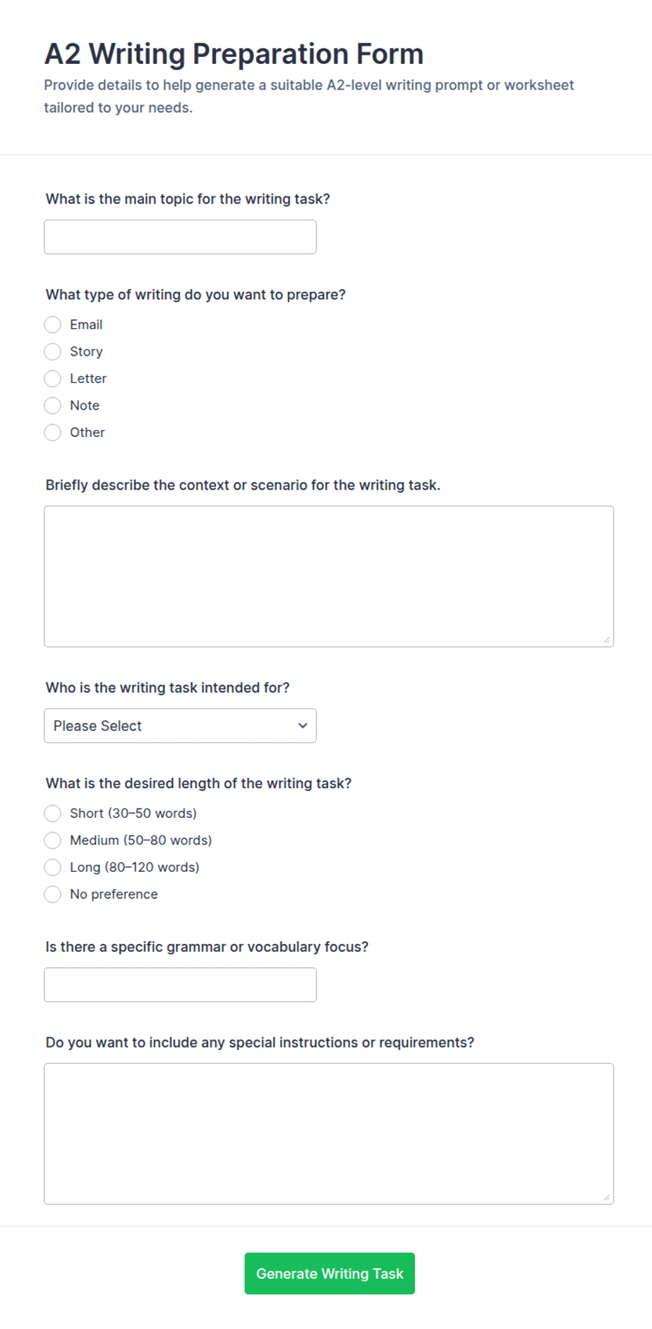 A2 Writing Preparation Form Template | Jotform