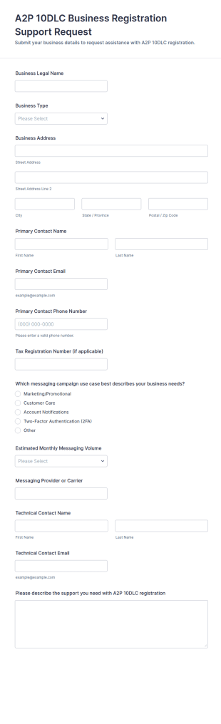 A2P 10DLC Business Registration Support Request Form Template