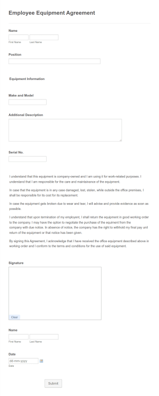 AA Employee Equipment Agreement Form Template