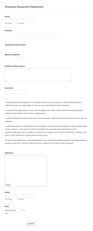 AA Employee Equipment Agreement Form Template