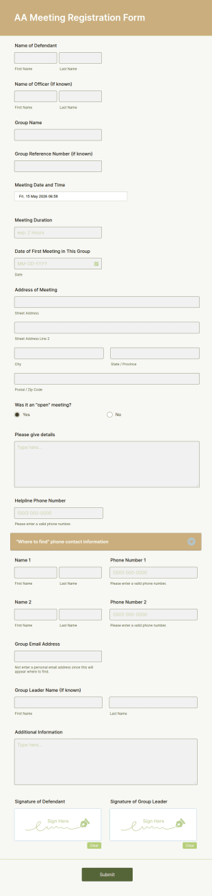 AA Meeting Registration Form Template