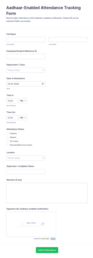 Aadhaar Enabled Attendance Tracking Form Template