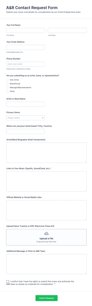 A&R Contact Request Form Template