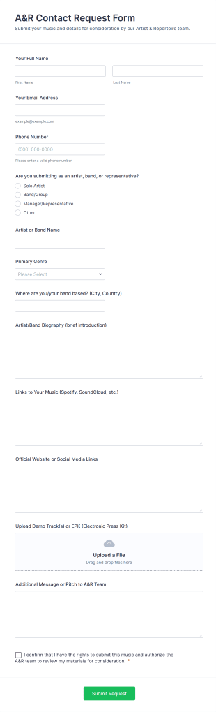 A&R Contact Request Form Template